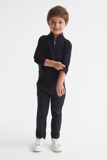 Buy Reiss Navy Blackhall Junior Merino Wool Zip Neck Jumper from