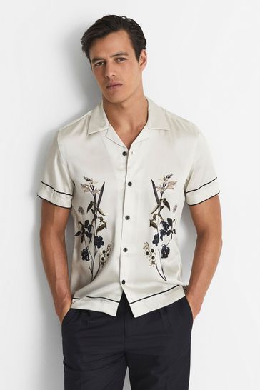 Reiss Ivory Fierro Cuban Collar Floral Shirt