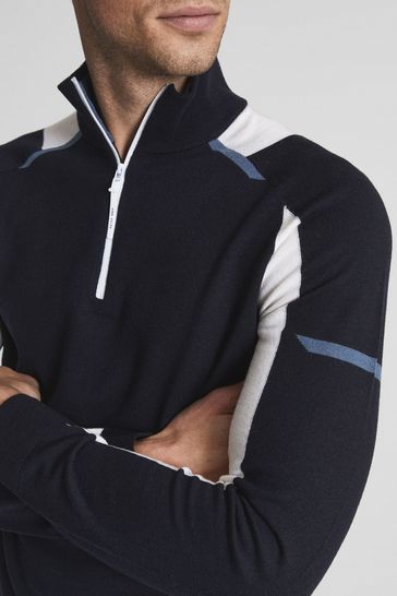 Reiss Navy/White Booth Colourblock Merino Stretch Half Zip