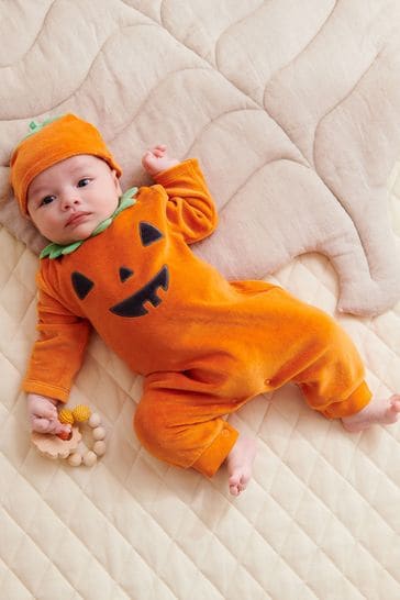 Orange Pumpkin Halloween Velour Sleepsuit