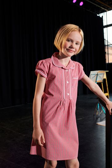 Red Cotton Rich Button Front Lace Gingham School Dress (3-14yrs)