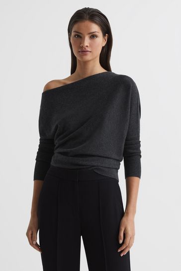 Reiss Charcoal Petrice Cashmere Slash Neck Knitted Jumper