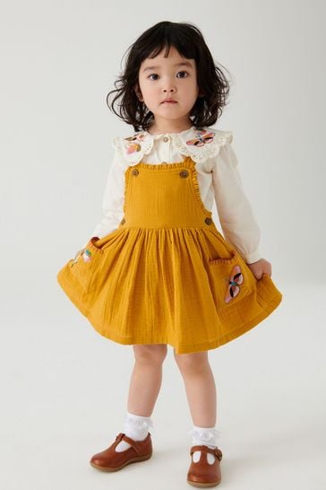 Ochre Yellow Embroidered Pinafore And Blouse Set (3mths-8yrs)