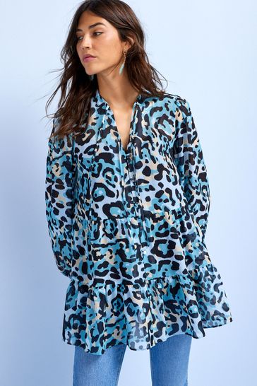 Buy Blue Animal Print Longline Tiered Top from Next Luxembourg