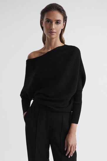 Reiss Black Lorna Asymmetric Drape Knitted Top