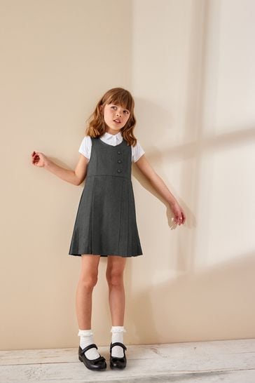 Grey Asymmetric Button Front Pinafore School Dress (3-14yrs)