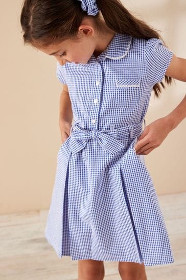 Vestido escolar azul de algodón a cuadros con cinturón y coletero (3 a 14 años)
