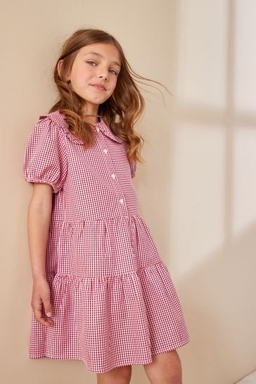 Red Cotton Rich School Gingham Tiered Pretty Collar Dress 3 14yrs