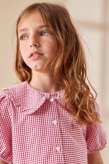 Red Cotton Rich School Gingham Tiered Pretty Collar Dress 3 14yrs