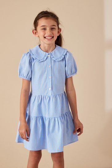 Blue Cotton Rich School Gingham Tiered Pretty Collar Dress (3-14yrs)