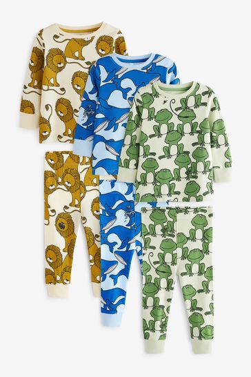 Yellow/ Blue/ Green Wild Animals Snuggle Pyjamas 3 Pack (9mths-12yrs)