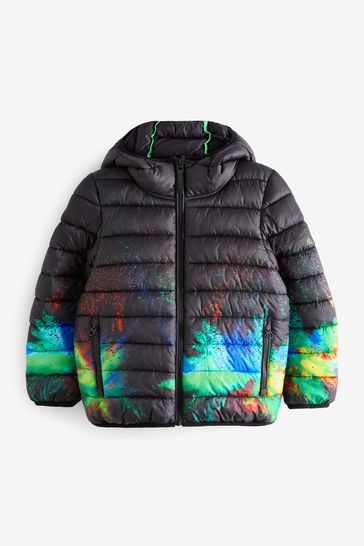 Black Rainbow Splat Puffer Jacket (3-17yrs)