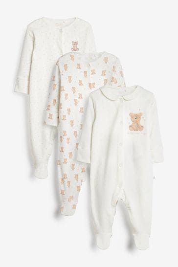 Tan Bear 3 Pack Delicate Appliqué Baby Sleepsuits (0-2yrs)