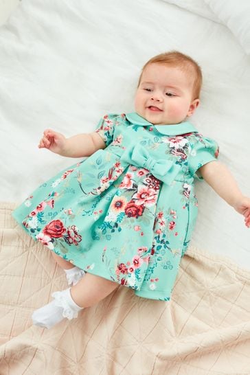 Teal Blue Floral Print Prom Dress with Knickers (0mths-2yrs)
