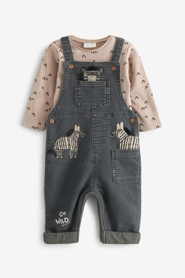 Grey Zebra Appliqué 2 Piece Baby Denim Dungarees And Bodysuit Set (0mths-3yrs)