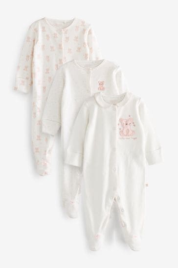 White/Pink Bear Baby Sleepsuits 3 Pack (0-2yrs)