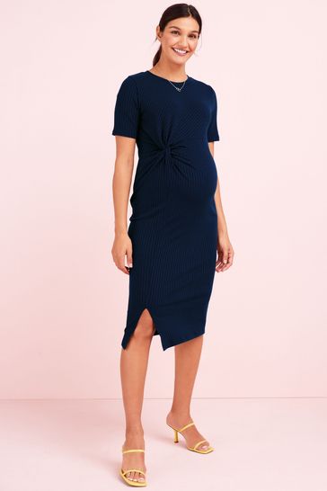 Navy Blue Maternity Knot Ribbed Jersey Midi Dress