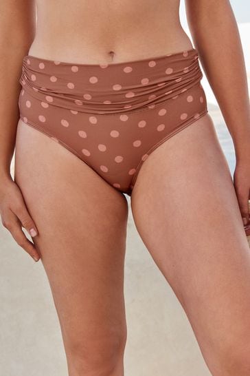 Tan Brown Spot Roll Top Briefs Tummy Control Bikini Bottoms
