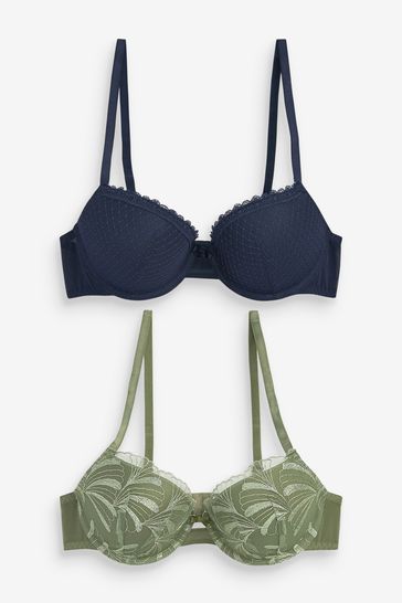 Navy Blue/Khaki Green Pad Balcony Embroidered Bras 2 Pack