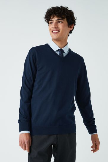 Suéter azul marino de corte estándar en tejido de punto suave al tacto con cuello de pico