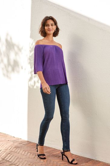 Buy Purple Pliss Short Sleeve Bardot Top from Next Lithuania