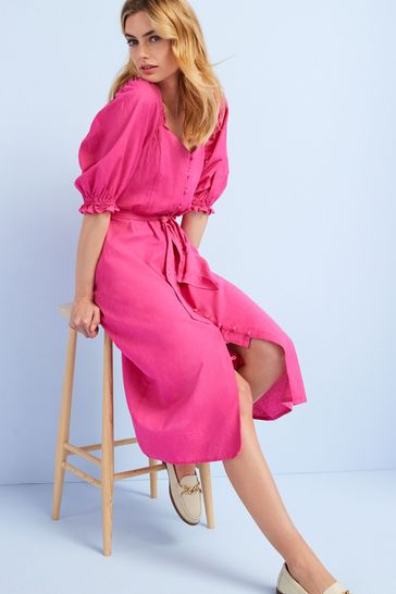 Pink Shirred Midi Dress