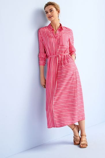 Pink and white top striped shirt dress