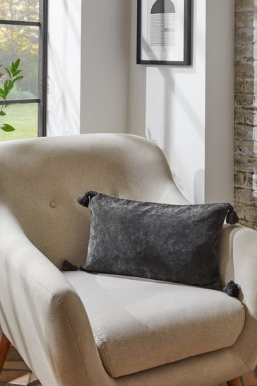 Charcoal Grey Soft Velour Tassel Oblong Cushion