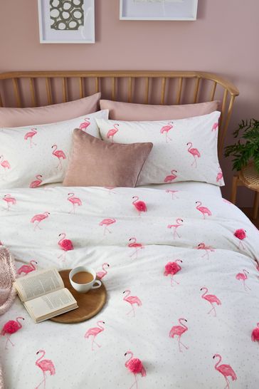 Pink Flamingo Pom Pom Patterned Duvet Cover And Pillowcase Set