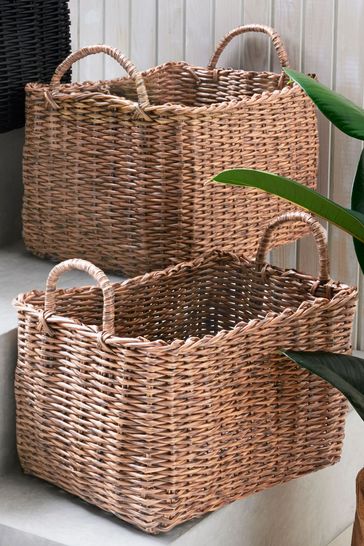 Natural Plastic Wicker Set of 2 Baskets Storage