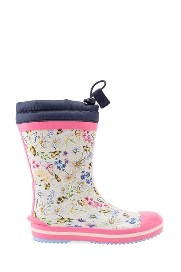 Start Rite Cream Big Puddle Pink Floral Tie Top Cosy Wellies