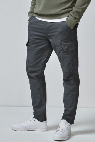 Grey Slim Fit Cotton Cargo Trousers