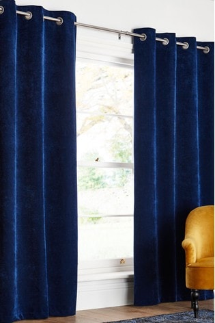 Navy Blue Soft Velour Eyelet Lined Curtains