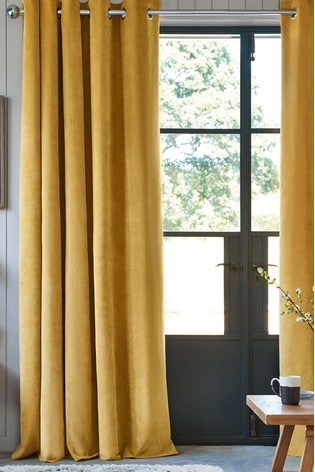 Ochre Yellow Soft Velour Eyelet Lined Curtains