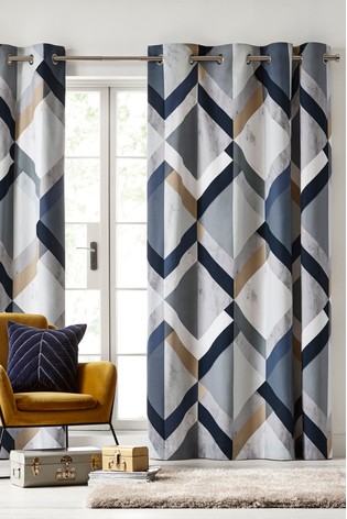 Overscale Marble Effect Geo, Navy Blue And Beige Curtains