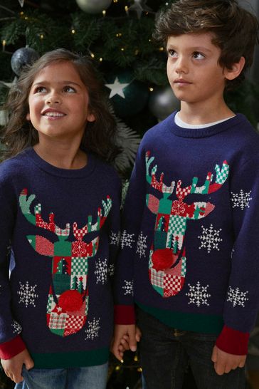 Buy Navy Blue Reindeer Christmas Kids Knitted Jumper 3mths 16yrs