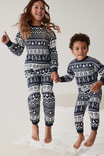Navy Blue Fairisle Pattern Matching Family Kids Christmas Cotton Pyjamas (9mths-16yrs)