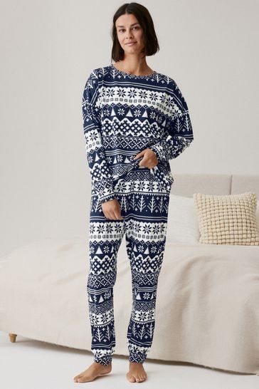 Navy Blue Fairisle Pattern Matching Family Womens Christmas Cotton Pyjamas