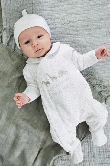 JoJo Maman Bébé White Welcome Little One Cotton Baby Sleepsuit