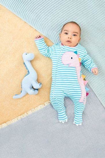 JoJo Maman Bébé Blue/Pink Dino Appliqué Zip Cotton Baby Sleepsuit