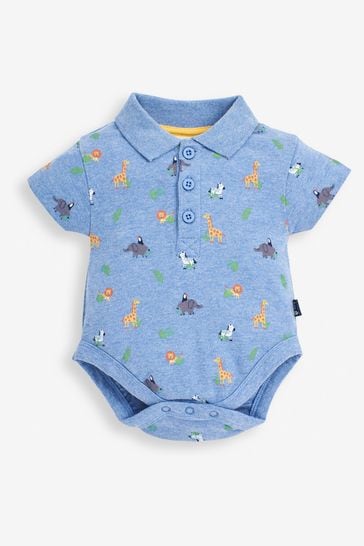 JoJo Maman Bébé Blue Safari Animals Print Polo Shirt Baby Bodysuit