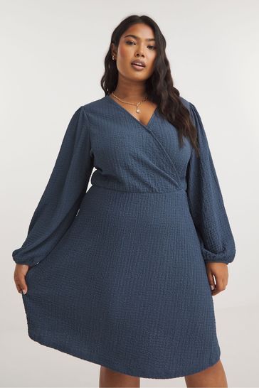 Simply Be Blue Textured Wrap Skater Dress