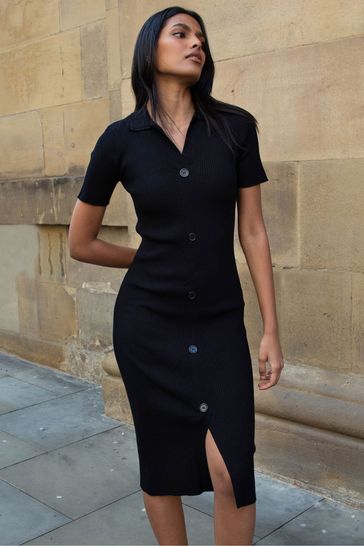 Buy Threadbare Black Ribbed Mock Button Down Dress from Next