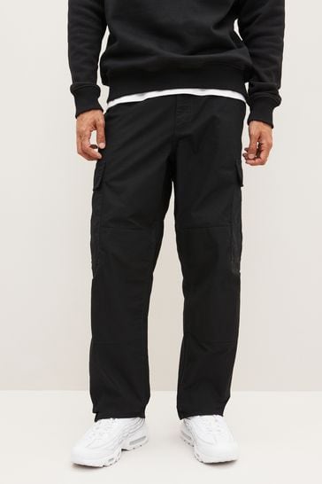 Black Relaxed Fit Ripstop Cargo Trousers