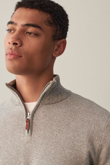 Light Grey Zip Neck Knitted Premium Regular Fit Jumper