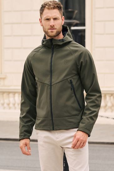 Buy Khaki Green Shower Resistant Softshell Hooded Jacket from Next