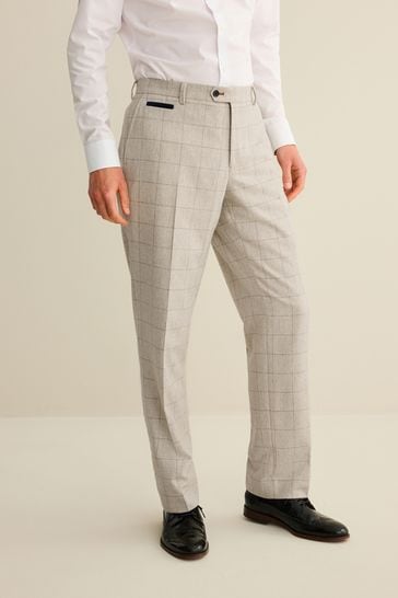 Light Grey Regular Fit Trimmed Check Suit: Trousers