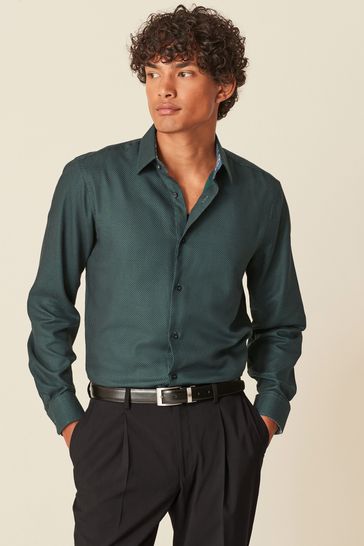 Dark Green Regular Fit Cotton Textured Trimmed Single Cuff Shirt