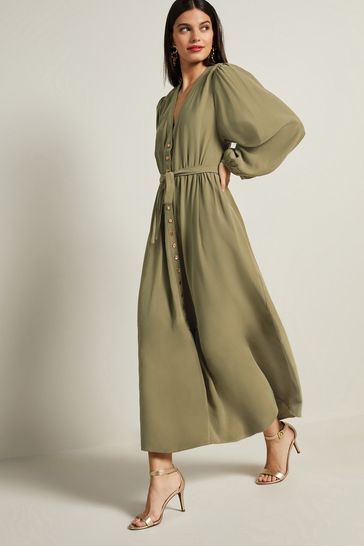 Green Button Down Long Sleeve Midi Dress