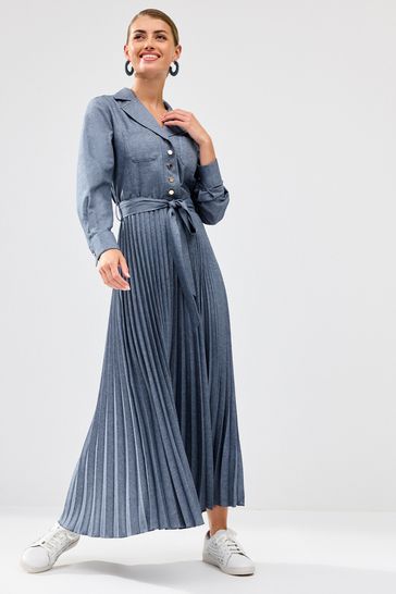 Blue Pleated Long Sleeve Midi Dress